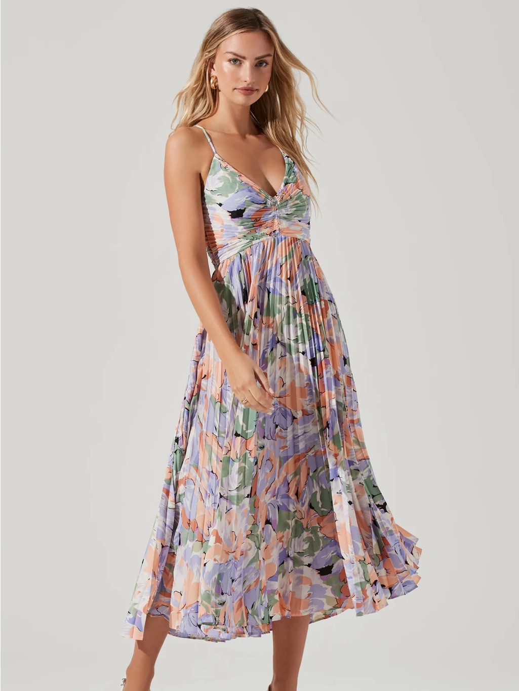 Astr The Label Coral Multi Floral Plisse Midi Dress Size L